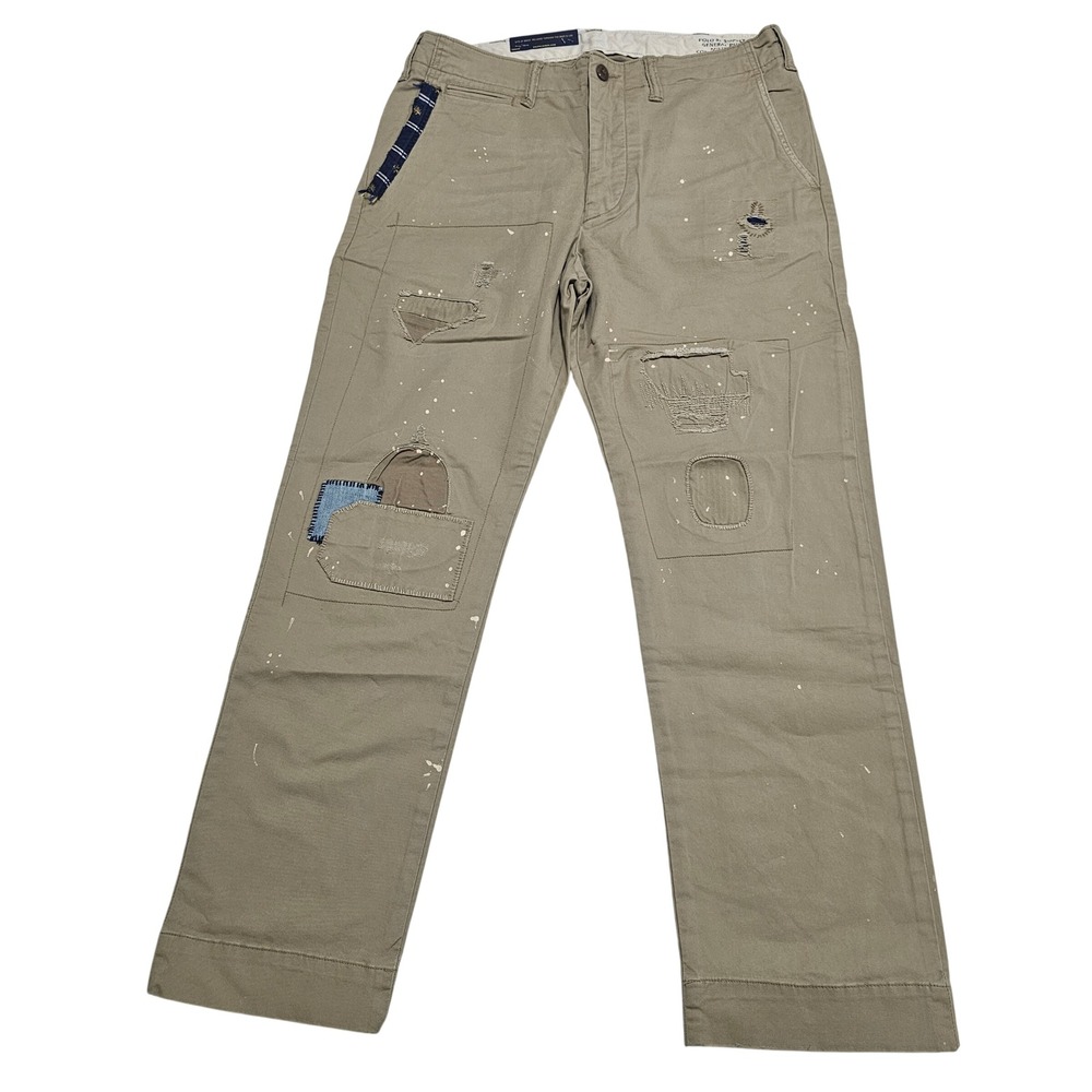 Polo Ralph Lauren Mens Relaxed Fit Distressed Patchwork Khaki Chinos 32x27 NEW
